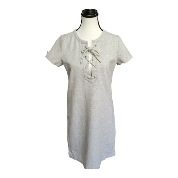 J Crew Dress XS Heather Gray Sweatshirt Knee Length Short Sleeve Lace Up Beach - Picture 1 of 12